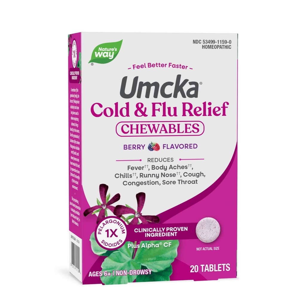 La via della natura Cold+Flu Relief, Umcka, abbrevia la durata e riduce la gravità, Multi-Symptom Relief, Omeopatico, Phenylephrine Free, Non-Drowsy, Berry Flavored, 20 Chewable Tablets (Packaging May Vary)
