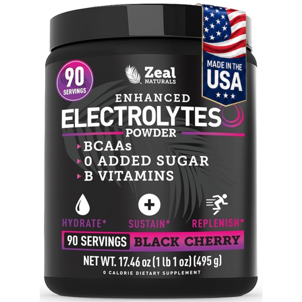 Zeal Naturals Electrolyte Powder Recovery Drink (90 Servings | Black Cherry) w 0 Sugar +BCAAs +B-Vitamins Electrolyte Supplement w Potassium Zinc & Magnesium per l'idratazione - Keto Electrolytes