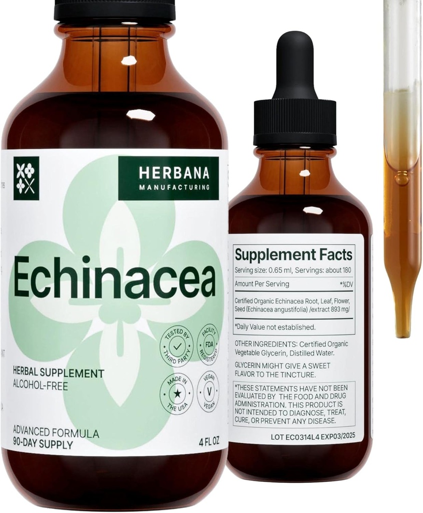 Echinacea 4 fl oz Liquid Extract - Radice Organica, Foglia, Fiore, Seed - Natural Herbal Supplement - Corpo, Sistema Immune Support Tincture - Gocce ad alta potenza - Fornitura di 90 giorni - Dimensione della famiglia