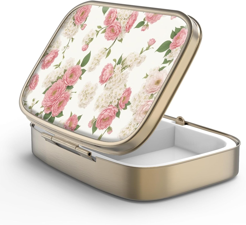 Pille Case Pille Box mit Spiegel Retro 2 Compartment Small Pill Case für Geldbörse oder Tasche Bronze Rechteckige Pille Box oder Vitamine, Fischöl, Ergänzungen, Pille Enthalten Reise-Geschenk(Retro Pink Floral)