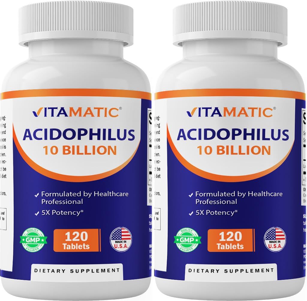 Vitamatic 2 Packs Acidophilus Probiotic - 10 Billion CFU - 120 Tabletten - 5X Potency - Tägliche probiotische Ergänzung, unterstützt Verdauungsgesundheit (Gesamt 240 Tabletten)