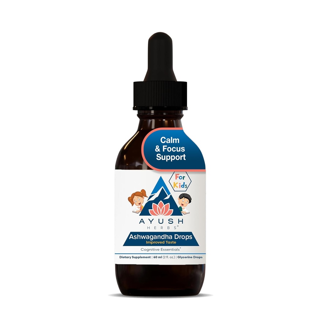 Ayush Herbes Ashwagandha gouttes pour les enfants et les adultes - sans alcool Ashwagandha gouttes, calmant le supplément quotidien pour calmer la concentration avec l'Ashwagandha biologique, Lemon Flavor - 2 Fl Oz (80 portions)