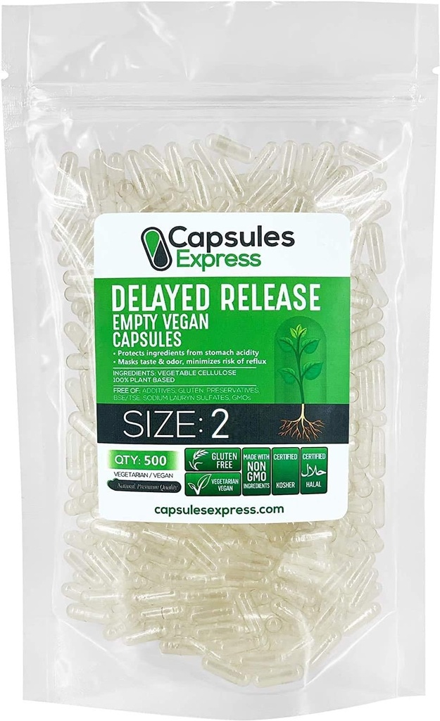 XPRS Nutra Delayed Veröffentlichung Größe 2 Leere Kapseln - 500 Graf Klare leere vegane Kapseln - Fillable Vegetarian Pillen - DIY Gemüse Kapsel Füllung - Veggie Gel Kapseln für Do-It-Yourself Ergänzungen