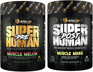 ALPHA LION Superhuman Pre Workout Powder & Post Workout Recovery Bundle, Sustain Energy & Focus + Lean Muscle Growth, Strength & Volume (Muscle Melon & Muscle Marg)