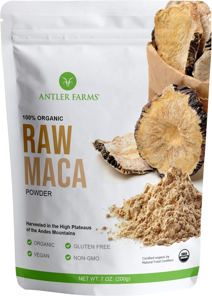 Geweihfarmen - 100% reines Bio-Roh Maca-Pulver, 40 Servierungen, 200g - Vegan, Glutenfrei, Sun Dried, Cold Processed, Grown Outdoor in Zentral Anden von Peru, Certified USDA Organic