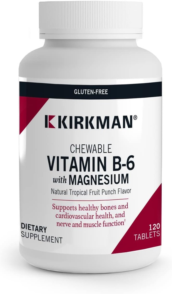 Kirkman - Vitamin B6 mit Magnesium - 120 Tabletten - Potent Vitamin B6 & Magnesium Supplementation - Kaubare Wafer - Allergiker