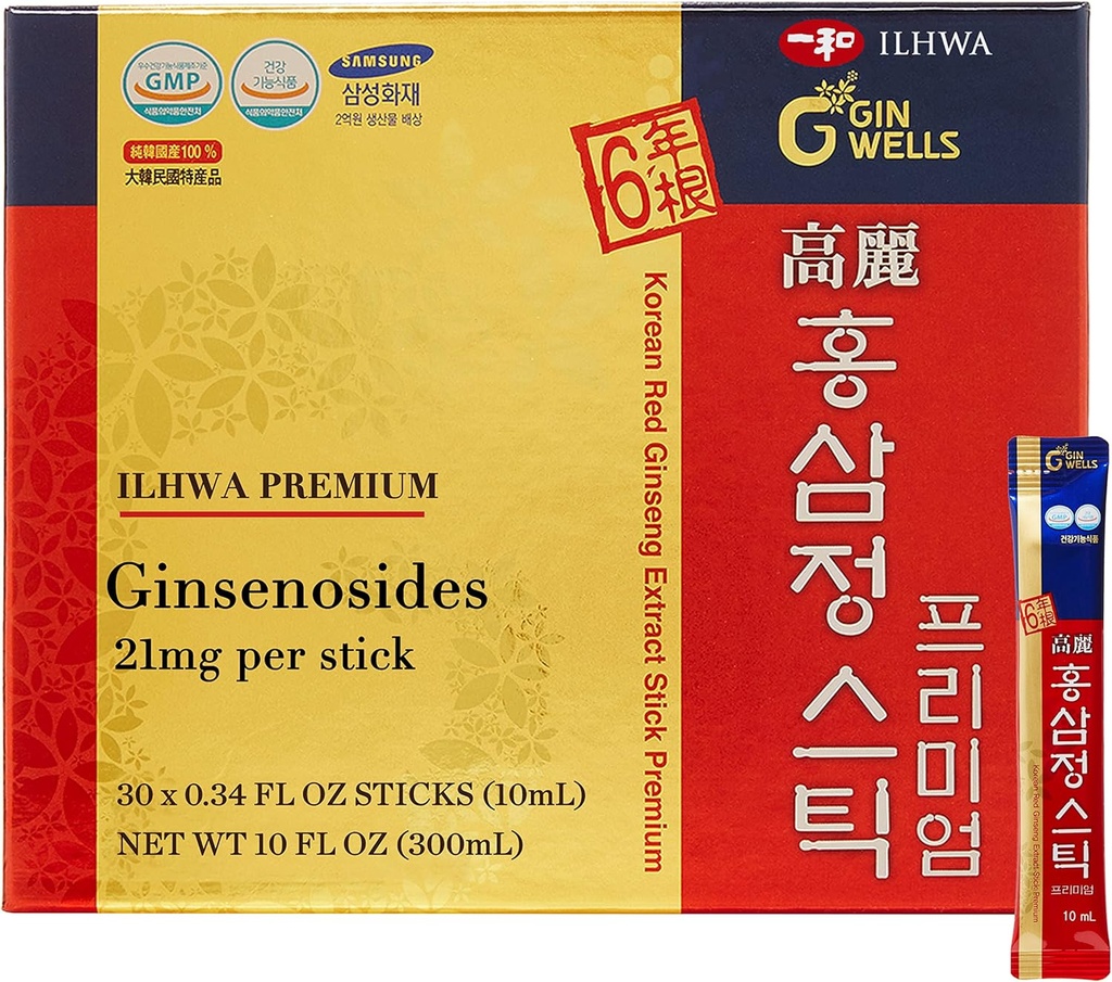 ILHWA Premium Korean Red Ginseng Extract Sticks (0.34fl oz X 30 Sticks) - für Immunität. Ginsenosid 21 mg pro Portion