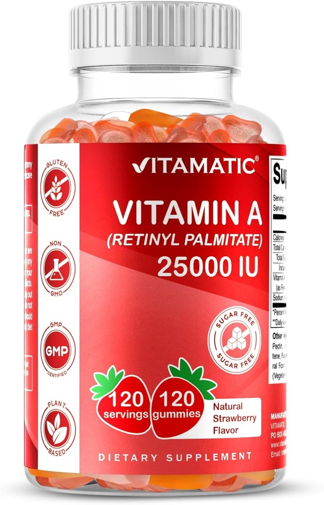Vitamatic Sugar Free Vitamin A 25000 IU Gummies (Retinyl Palmitate) - Natürliche Erdbeer-Flasche - 120 Pectin Based Gummies (3 Flaschen)