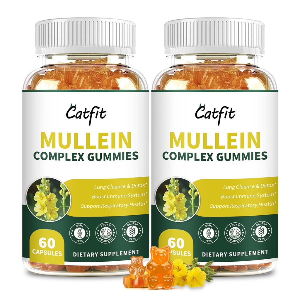 (120 Stück) Mullein Gummies für Lungs-Detox– Mullein Blatt-Extrakt mit Quercetin, Elderberry für Respiratory & Immune Support, Atmen & Lung Cleanse für Raucher, Vegan, Ananas Flavor, (2 Packung)