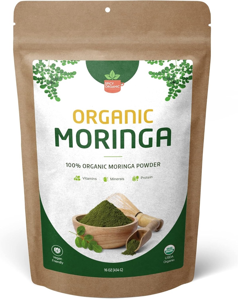 Bio Moringa Blatt Pulver – USDA Certified Green Superfood | Natural Energy & Immune Support – Vegan, Non-GMO, Gluten-Free – Pure Raw Moringa für Glatteien, Tees, Kochen – 16oz wiederverschließbarer Pouch