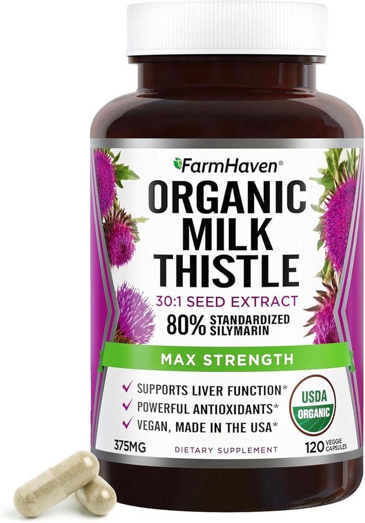 FarmHaven Silymarin Milk Thistle Capsules | 375mg Stärke | 30X Konzentrierter Seedextrakt & 80% Standardisierte Silymarin| Non-GMO | 120 Veggie Kapseln