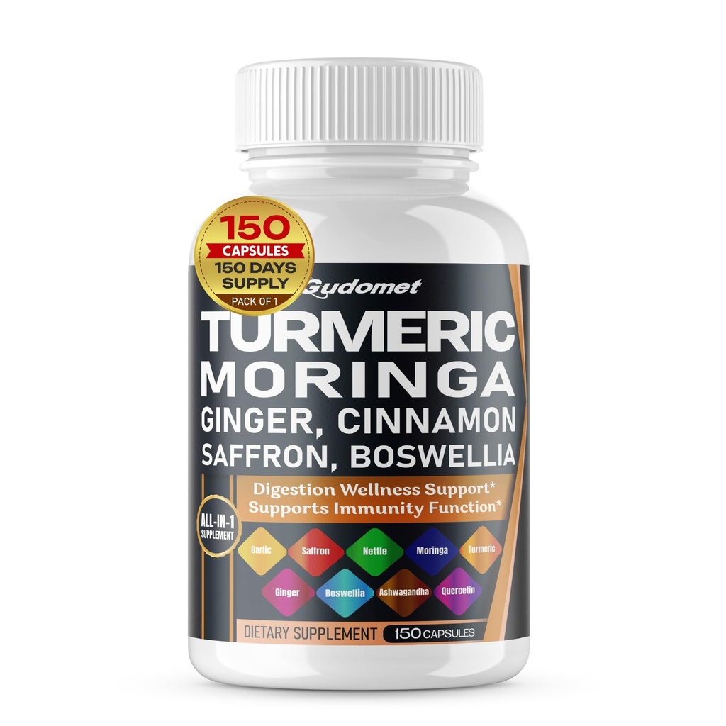 Turmeric Moringa Ginger Boswellia Quercetin Cinnamon Zafferano Tart Cherry Odorless Aglio -150 Capsules- Made in Italy