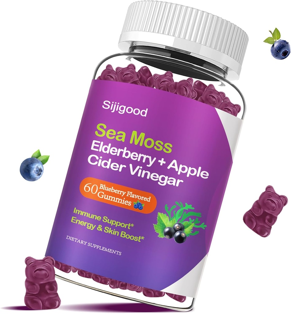 Irlandese Moss Gummies con Elderberry, Bladderwrack, Burdock, Chlorophyll - Digestione, Pelle, Capelli e Migliorare l'immunità - Adulti Bambini Uomini, 60 Blueberry Gummies Aromaed