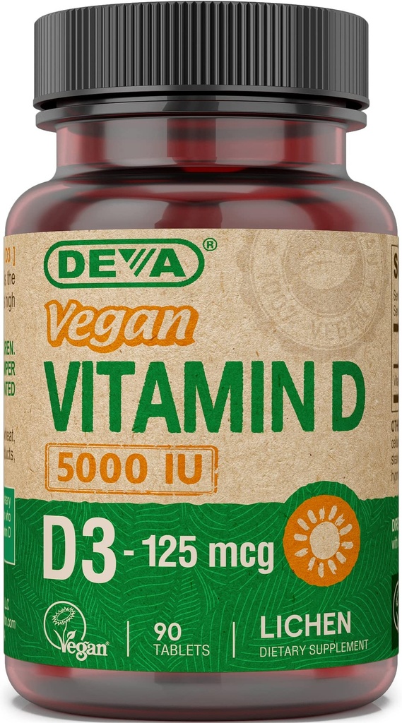DEVA Vitamin D3 5000 IU, Sunshine Supplement, 125 mcg Vegan D3, 90-Count Bottle