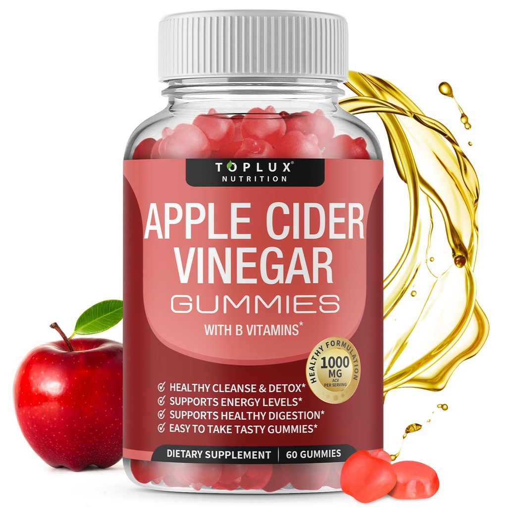 Gommies de vinaigre de cidre de pomme Toplux - 1000mg de vinaigre de cidre de pomme avec B12, racine de betterave, grenade pour système immunitaire, désintoxication et nettoyage, Gommy Alternative aux capsules de vinaigre de cidre de pomme, pour les hommes femmes, 60 Gommies