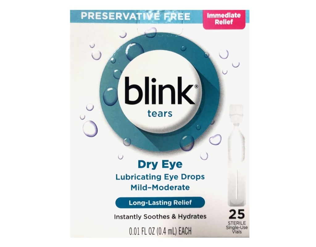 BLINK Tears Gocce per occhi secchi, gocce d'occhio lubrificanti gratuite, fiale di uso singolo sterile, cura dell'occhio gentile per il sollievo del sintomo dell'occhio delicato a moderato, 25 conte, 0.01 fl oz Vials