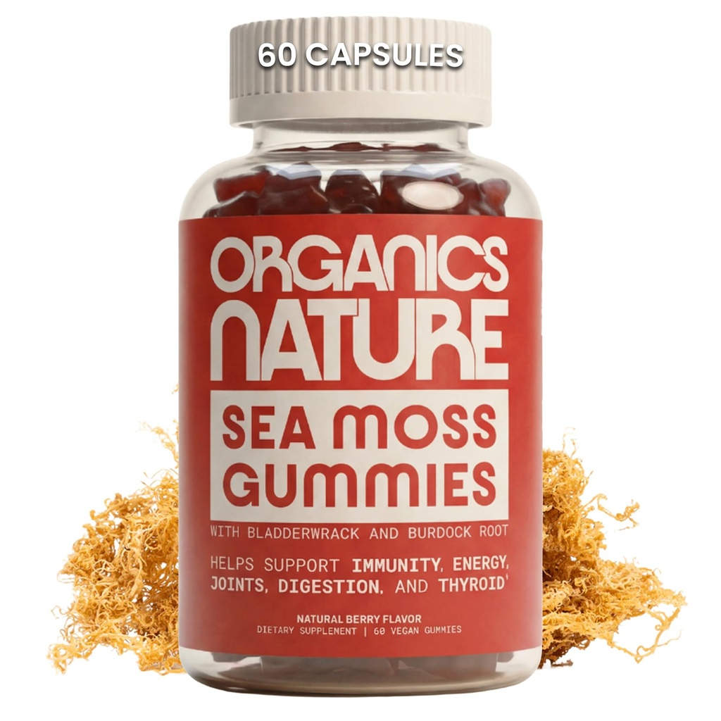 ORGANICS NATURE Irish Sea Moss Gummi für Lung Detox, Schilddrüse, Stärke Immun- und Energieunterstützung, Vegan Seamoss Gummi für Kinder & Erwachsene - 60 Vegan Gummy Bears Berry Flavored