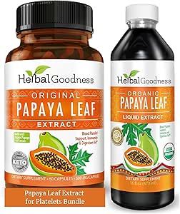 Papaya Blatt Extrakt für Plättchen & Papaya Enzyme Bundle – 10X Verdauungskapseln & 15X Liquid Platelet Support – Immun-, Gut- und Verdauungsmedizin