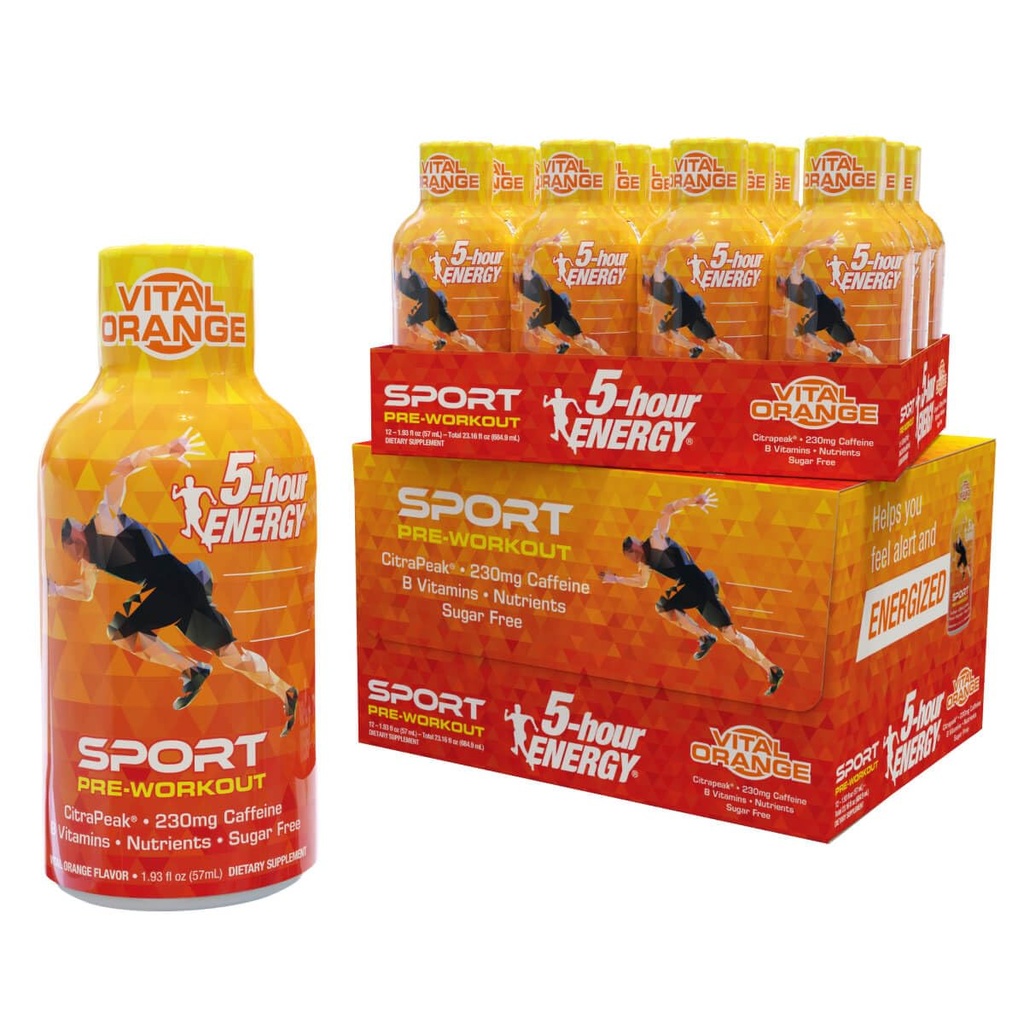 5 heures d'énergie par tir sportif extra-fort avec citrapeak, saveur orange vitale, pré-entraînement, 24 comtes (1,93 fl oz)