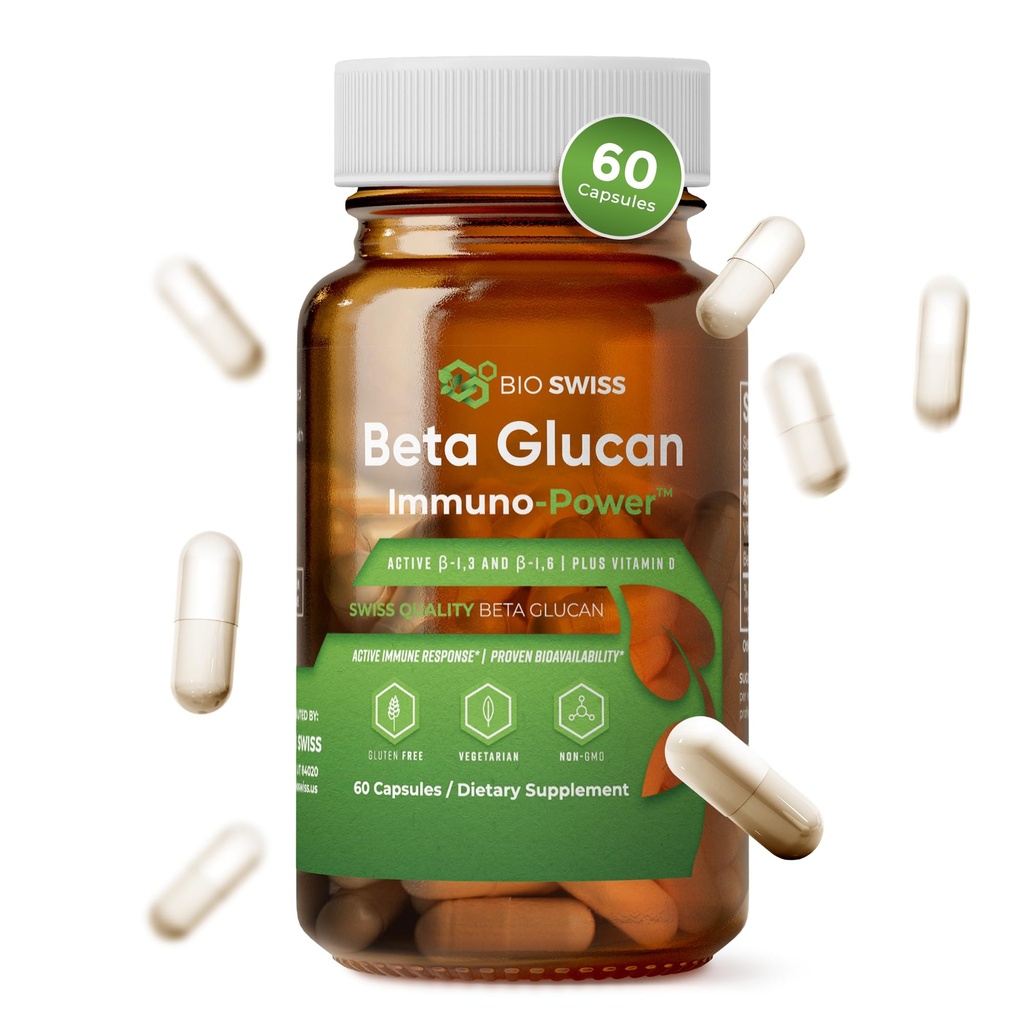 Bio Swiss Beta Glucan Immunity Power - 1,3D-1,6D Glucan avec vitamine D - Supplément de soutien immunitaire pour la défense et le bien-être améliorés - végétalien, sans gluten (60 capsules)