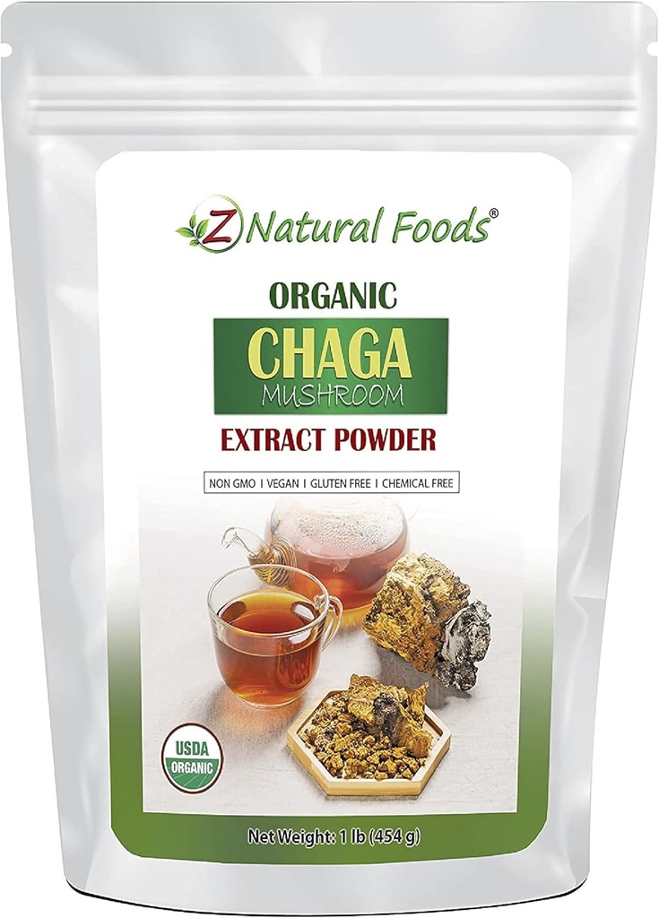 Z Natural Foods Organic Chaga Mushroom Extract Powder, Concentrated Premium Mushroom Extract for Supporting Immune Health, Energize Your Morning by Adding it to Coffee and Tea, 1 lb