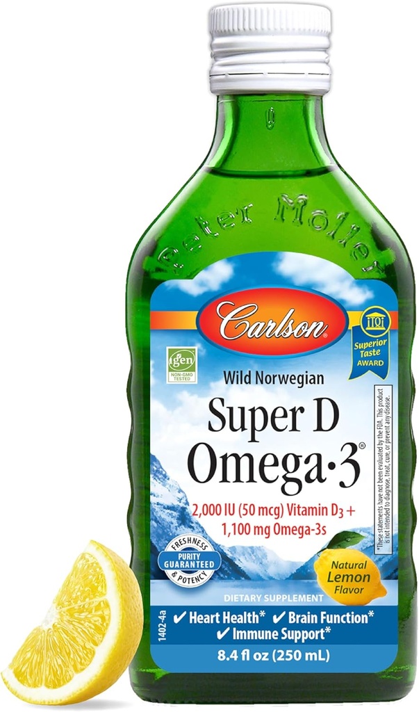 Carlson - Super D Omega-3, Wild-Caught Norwegian Arctic Cod Liver Oil, 2000 IU (50 mcg) Vitamin D3, 1100 mg Omega-3s, Sustainable Sourced Nordic Fish Oil Liquid, Lemon, 250 ml