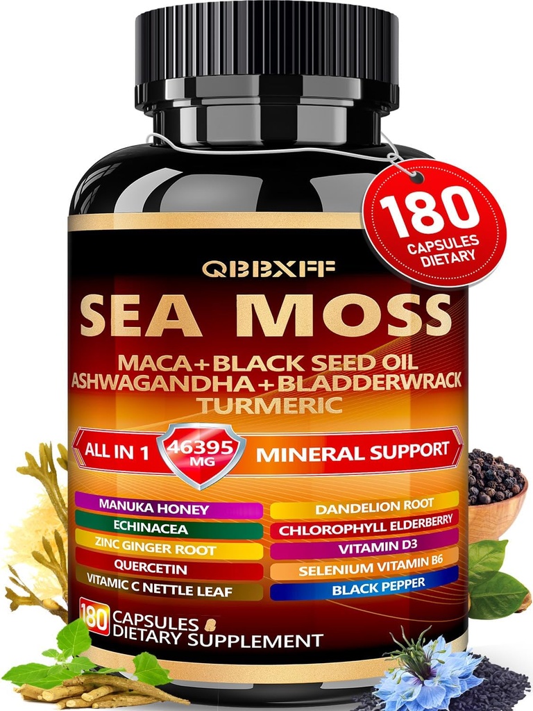 QBBXFF Sea Moss, Maca, Olio di semi neri, Ashwagandha, 180 Conte
