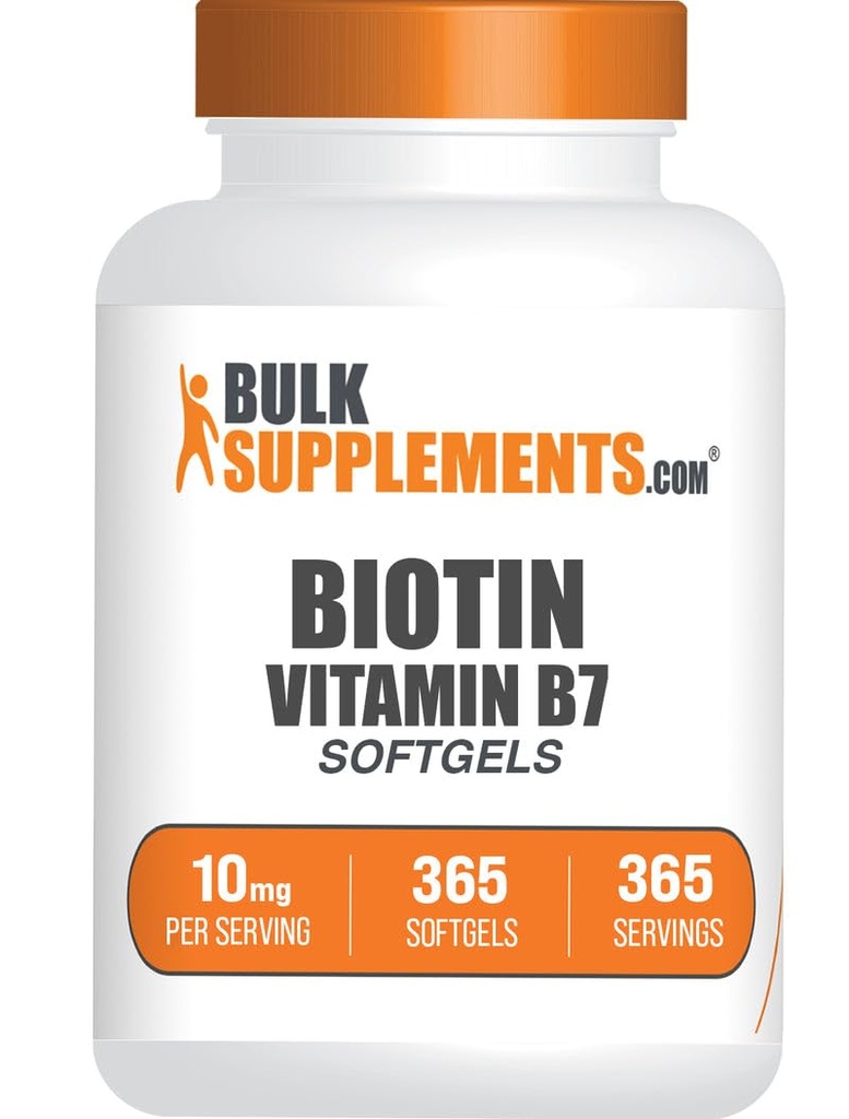 BulkSupplements.com Biotin 10000mcg Softgels - Vitamina B7, Vitamine Biotina per Capelli, Pelle e Unghie, Integratore Biotina - Gluten Free, 1 Softgel per Serving, 365 Conteggio (Pacchetto di 1)