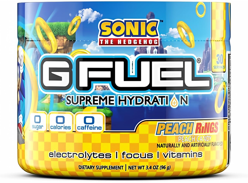 G Fuel Sonic's Peach Ringe Supreme Hydration, Elektrolyt-Pulvermischung für Energie & Fokus, Zucker und Koffein Kostenlose Ergänzung mit essentiellen Vitaminen & Minerals, Peach Ringe Flavor, 3.4 oz - 30 Servierungen
