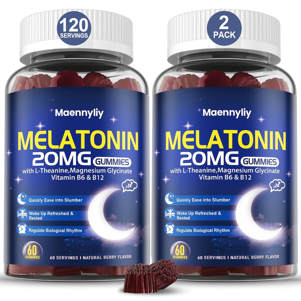 Maennyliy Melatonin 20mg Gummies per adulti - Zucchero Melatonina Gummies Extra Forza con L-teanina, Magnesio, Ashwagandha, Turmerico, D3 & Zinc - Non-Habit Forming