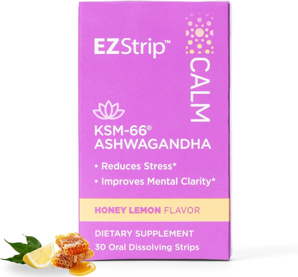 Supplément calm - Miel Lemon Flavor, 30 Comte - Dissolution des bandes calmantes avec Ashwagandha KSM 66 Aide Support Stress Relief - Fabriqué aux États-Unis, sucre et sans gluten