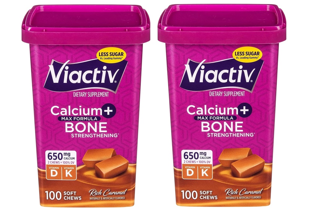 Viactiv Max Formula Calcium +Vitamin D3 Supplemento per Bone Health, Rich Caramel, 100 Soft Chews - 2 Pack