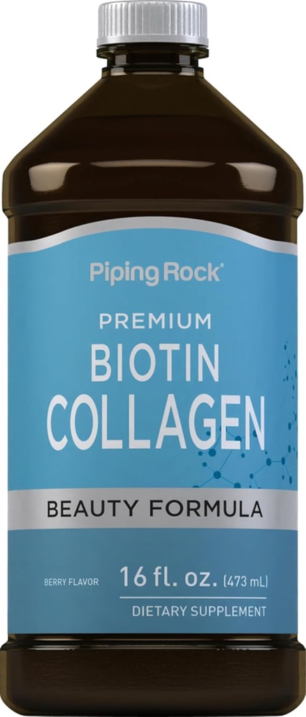 Piping Rock Liquid Collagen e Biotin 16 fl oz | Premium Beauty Formula Supplement | Tipo 1 e 3 | Berry Flavor | Non OGM e Gluten Free