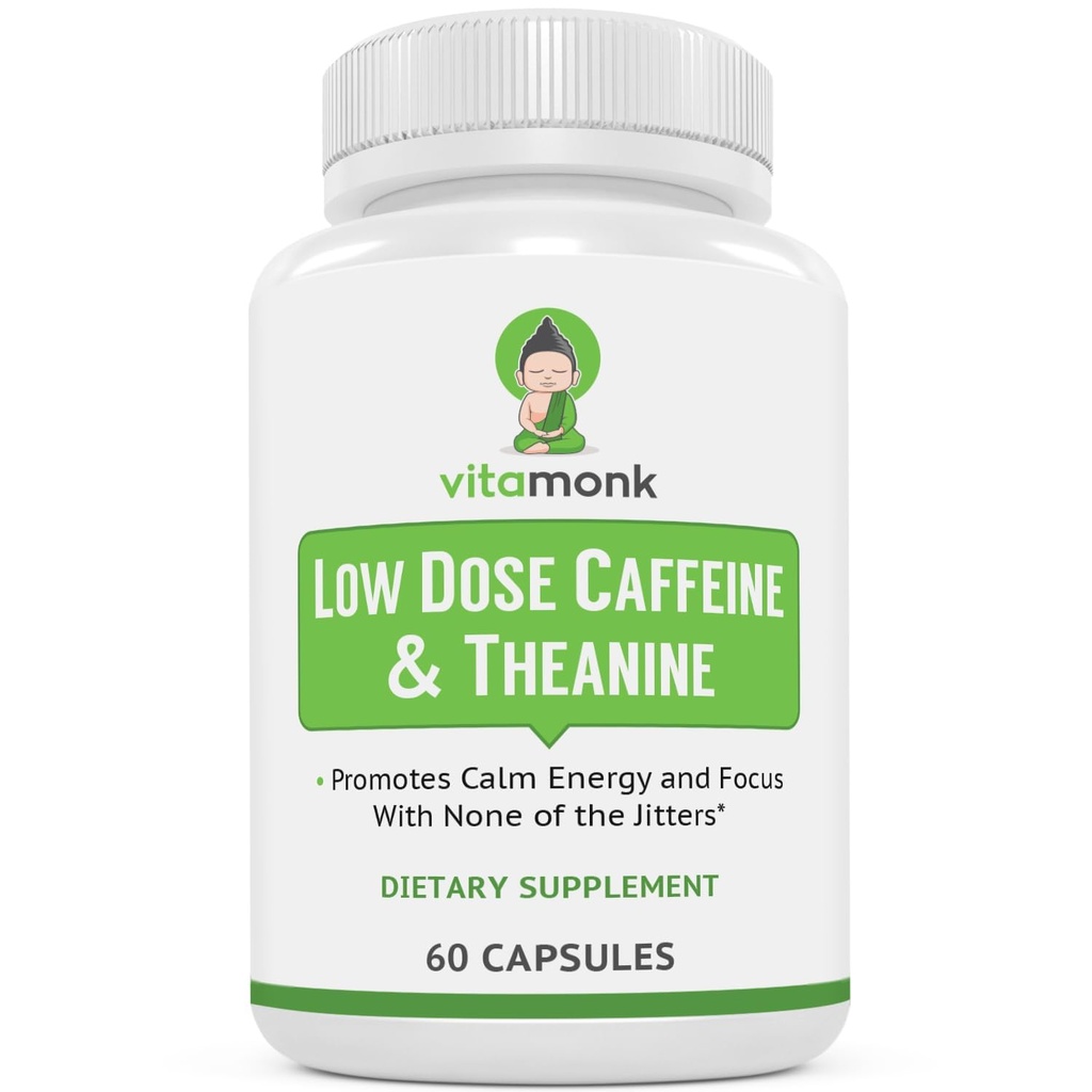 VitaMonk Low Dose Koffein und Theanin - No Jitters, No Crash- Microdose von Koffein L Theanine Pillen mit Koffein Theanin und Theobromine - 25mg Koffein, Koffein Pillen L Theanine - 60 Caps