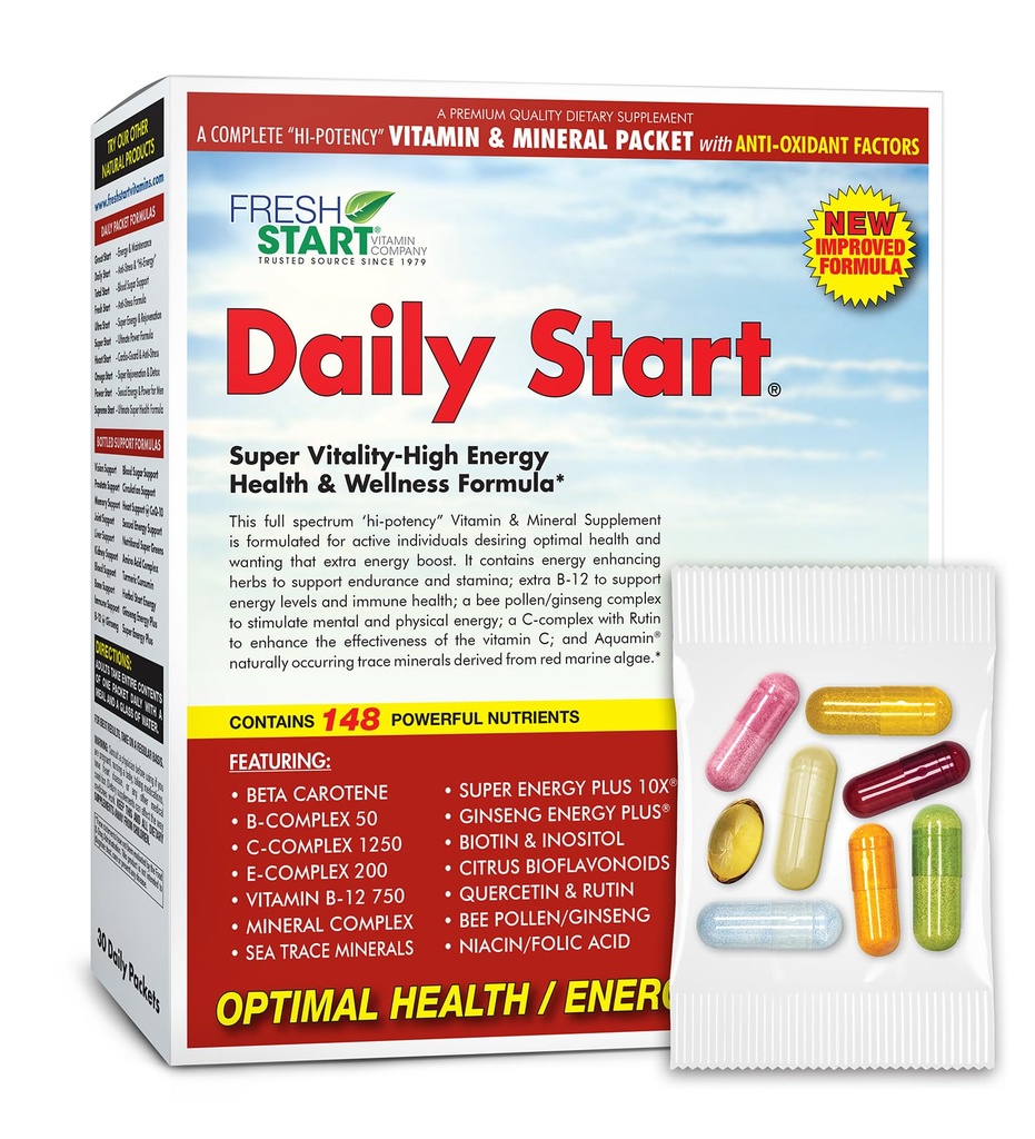 Daily Start Complete Daily Vitamine Pack (Energy & Stamina Booster) 10X Vitamine A, B, C, D, E, B12, Minéraux, Ashwagandha, Panax Ginseng, Yerba Mate, Thé vert (30 Packets)