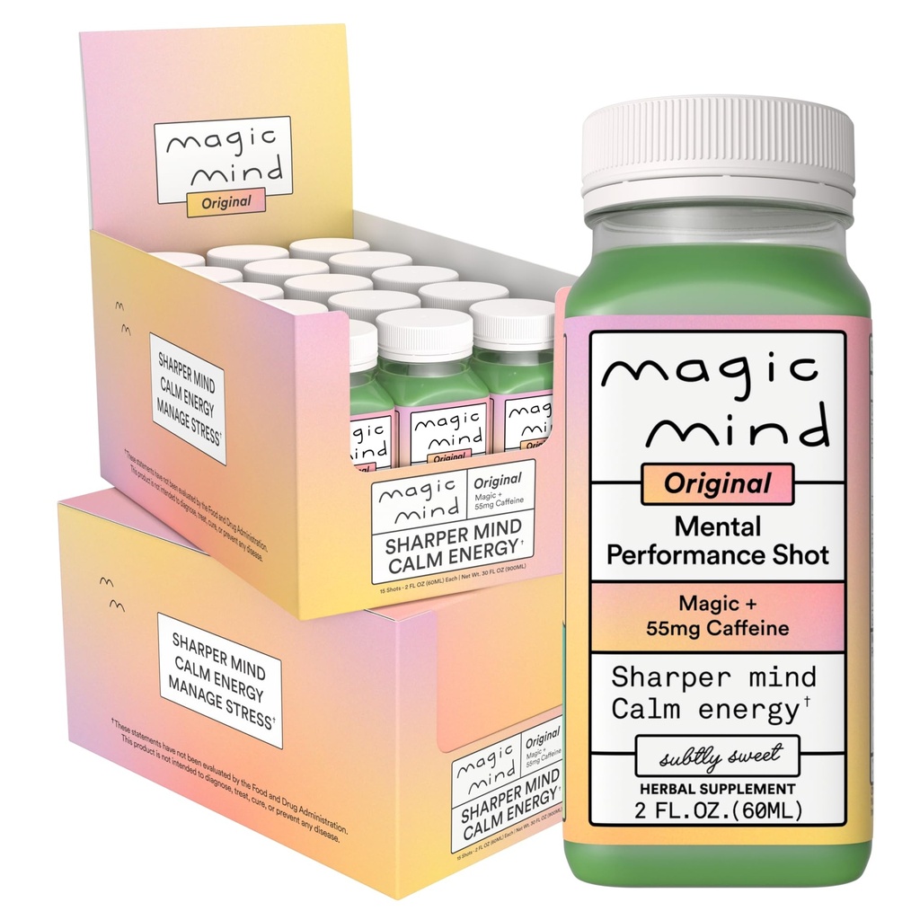 Magic Mind Focus Energy Drink Shots - No Jitters, Stress Relieving, Ashwagandha, Funzionali funghi, Matcha Green Tea, Vitamina B12, Vitamina C - 2 FL Oz (30 Pack)