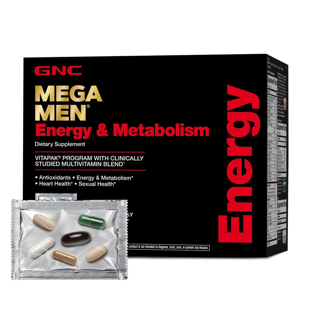 GNC Mega Men Energy and Metabolism Vitapak Program, Conveniente, Nutrizione Completa, 5 Prodotti in 1 Packet, Calorie Burn, Thermogenic, 300mg Caffeina, 30 Daily Packs