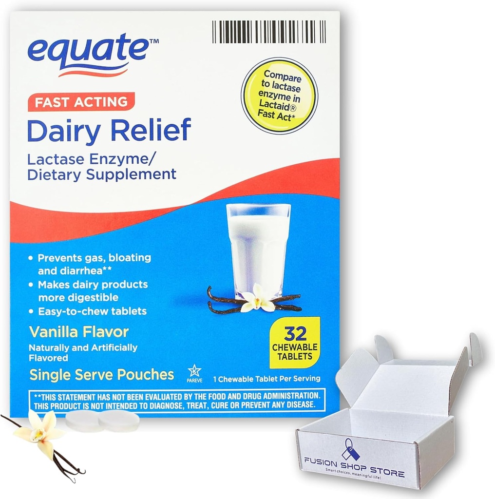 Dairy Pillen für Lactose Intolerance - Equate Fast Acting Relief Vanilla Flavor, 32 Kautabletten, Lactaid Chewables, Lactase Enzyme (Pack of 1), Boxed by Fusion Shop Store