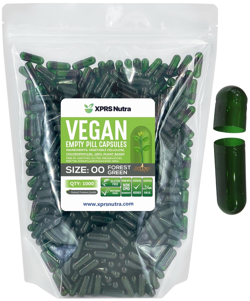 XPRS Nutra Größe 00 Leere Kapseln - 1000 Graf Leere Vegan Kapseln - Vegetarische leere Pillen - DIY Gemüse Kapsel Füllung- Veggie Pillen Caps (Forest Green)