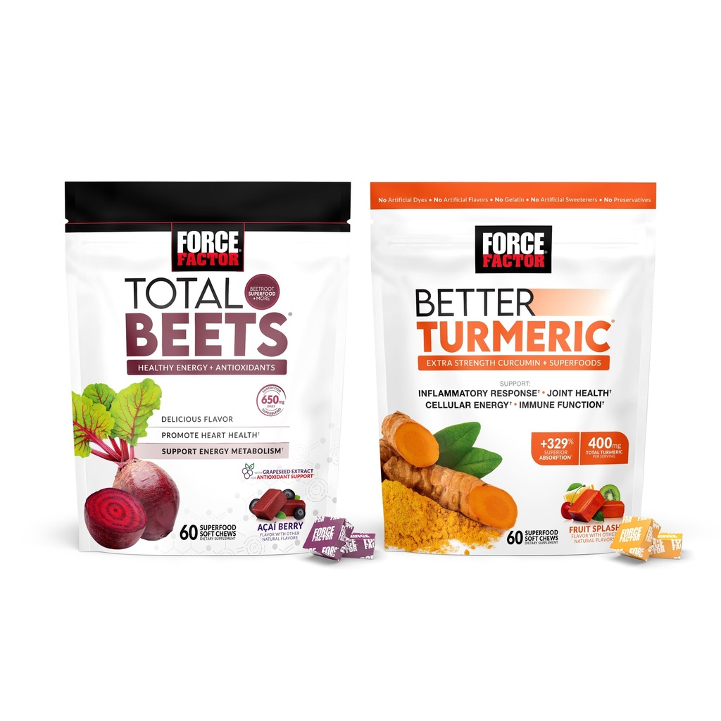 Force Factor Total Beets Soft Chews, 60 Chews & Besser Turmeric Joint Support Supplement, 60 Soft Chews