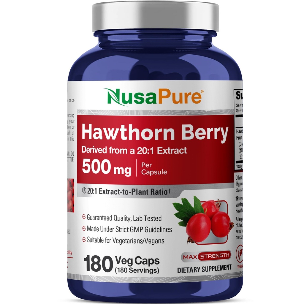 NusaPure Hawthorn Berry, 500mg, 180 Veg Kapseln (Vegan, Nicht-GVO)