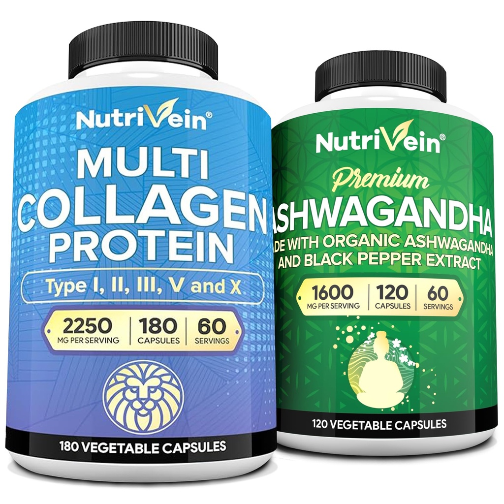 Nutrivein Premium Multi Collagène Capsules & Suppléments Ashwagandha Bundle: haute absorption Ashwagandha Root & Multi Collagène Peptides Capsules pour le corps et l'esprit