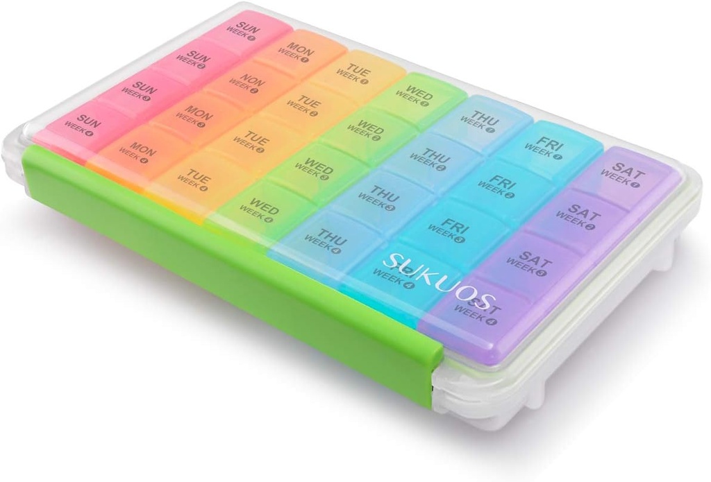 Sukuos Monatliche Pille Organizer 28 Tag, große Feuchtigkeit-Resistante Pillen-Kasten mit Dust-Proof-Box und klare Lid für Vitamin/Fish Oil/Supplements, einfach zu öffnen und zu reinigen