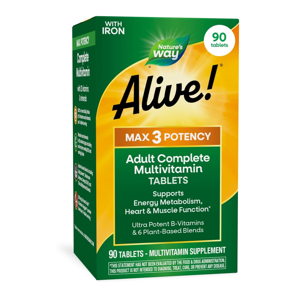 Nature's Way Alive! Max3 Potency Daily Multivitamin, Methylated B12 und Folate, Ultra Potency B-Vitamine zur Unterstützung von Energiemetabolismus*, 90 Tabletten