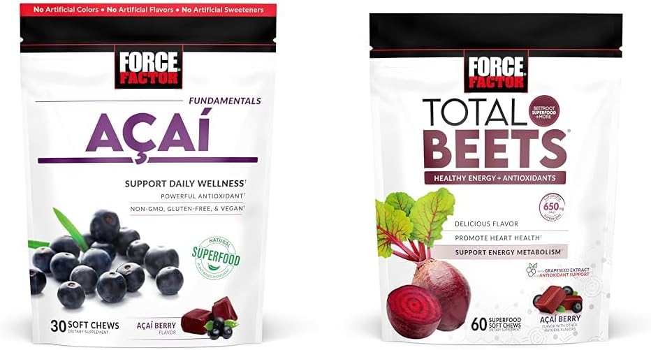Force Factor Acai Soft Chews für Immunität & Total Beets Soft Chews für Herz Gesunde Energie, 30 & 60 Chews