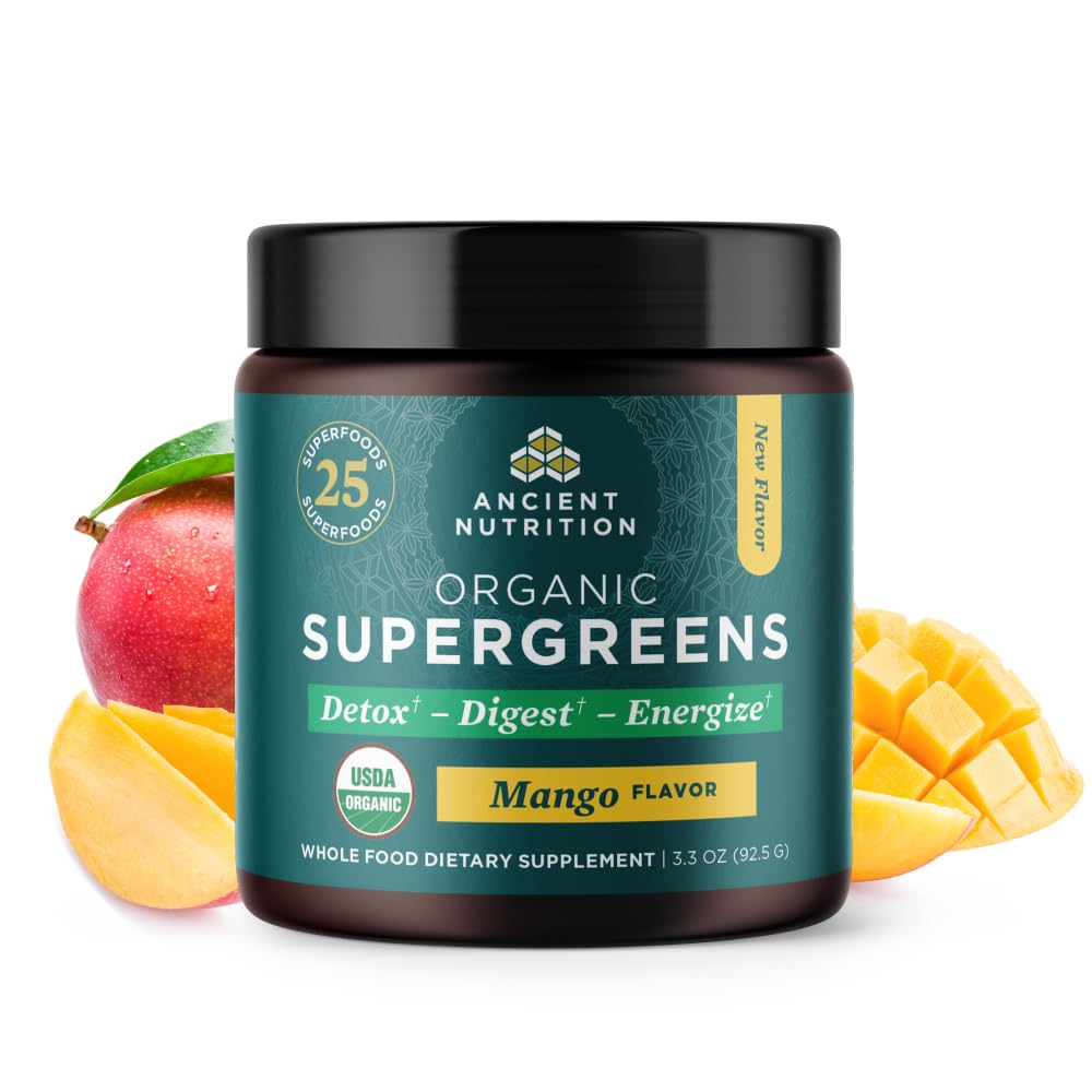 Antike Ernährung SuperGreens Pulver mit Probiotika, Bio Mango Flavor Greens, Herbs und Gemüse, Verdauungs- und Energieunterstützung, 12 Portionen, 3.3oz