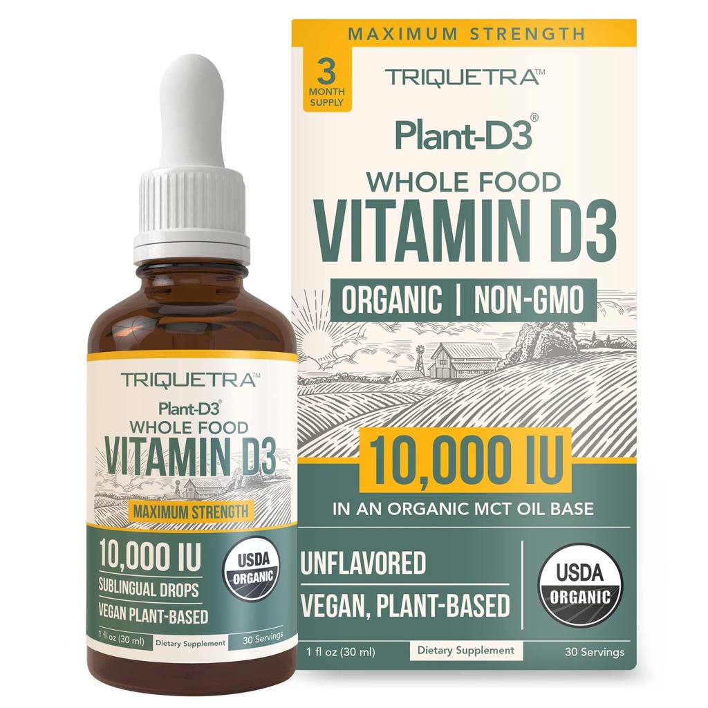 Vitamine biologique D3 10 000 UI - Plant D3, Vegan, Max Strength Gouttes liquides sublinguales D3 - 200% Absorption plus élevée, 100% à base végétale forme cholecalciferol et végétal D3, dosage réglable (30 portions)