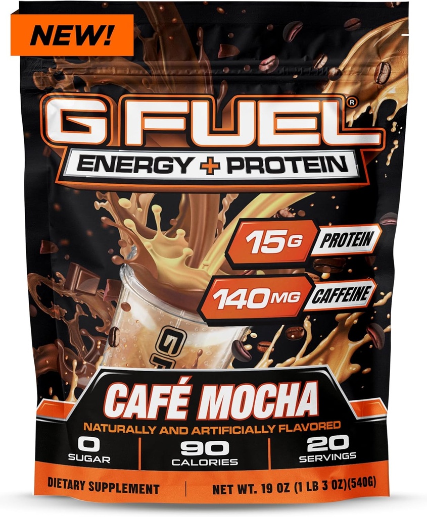 G Fuel Protéine + Poudre de boisson énergétique, Pré-entraînement Mélange de caféine pour le jeu, sans sucre Focus Amino, Vitamine + Antioxydants, 19oz (Cafe Mocha, 20 portions)
