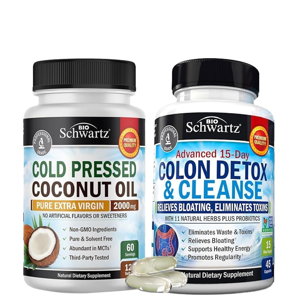 BioSchwartz 15 Tage Reinigung für Colon und Gut Health Plus kalt gepresst MCT Kokosöl Kapseln (2 Monate Versorgung)