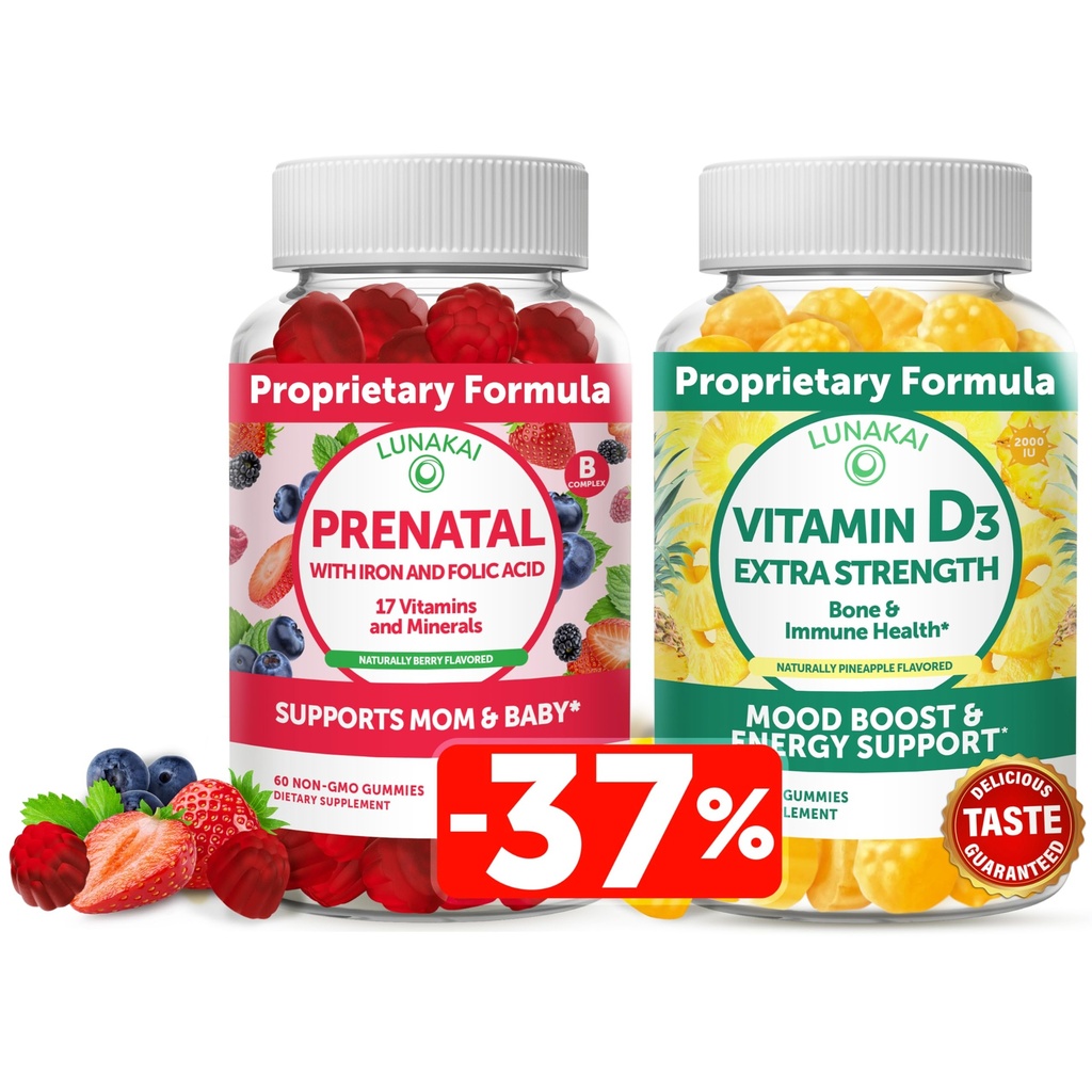 Lunakai Prénatal et vitamine D3 Gommies Bundle - Grossesse Multivitamine Gummy avec Iron & Folic Acid - Immunity, Bone and Mood Support Supplément pour adultes
